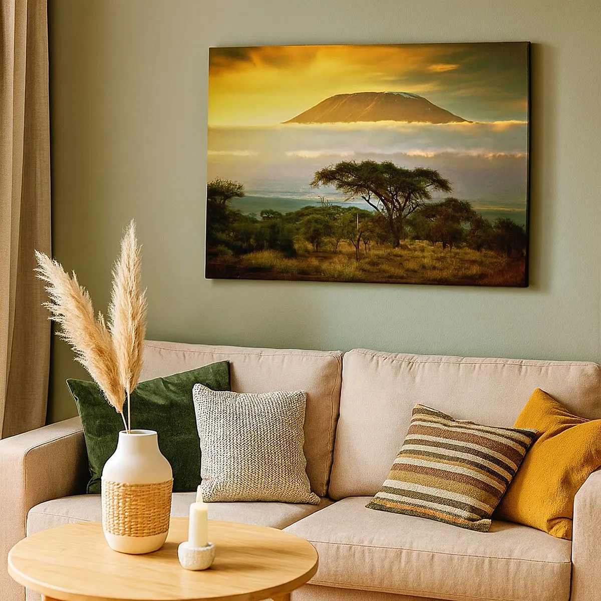 Quadro em tela - Paisagem africana com o Kilimanjaro ao nascer do sol - 70x50cm - O sonho do viajante - Decoração de parede moderna para a sala de estar e quarto ARTTOR