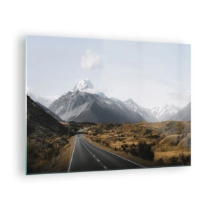 Quadro em vidro - Uma estrada de asfalto que leva às montanhas cobertas de neve - 70x50cm - O caminho para o coração das montanhas - Decoração de parede moderna para a sala de estar e quarto ARTTOR