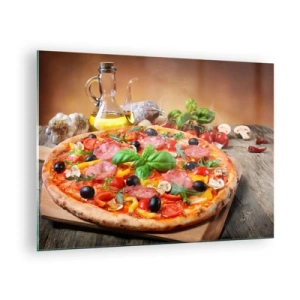 Quadro em vidro - Pizza com coberturas em uma mesa de madeira com azeite e especiarias - 70x50cm - Com um sabor verdadeiramente italiano - Decoração de parede moderna para a sala de estar e quarto ARTTOR