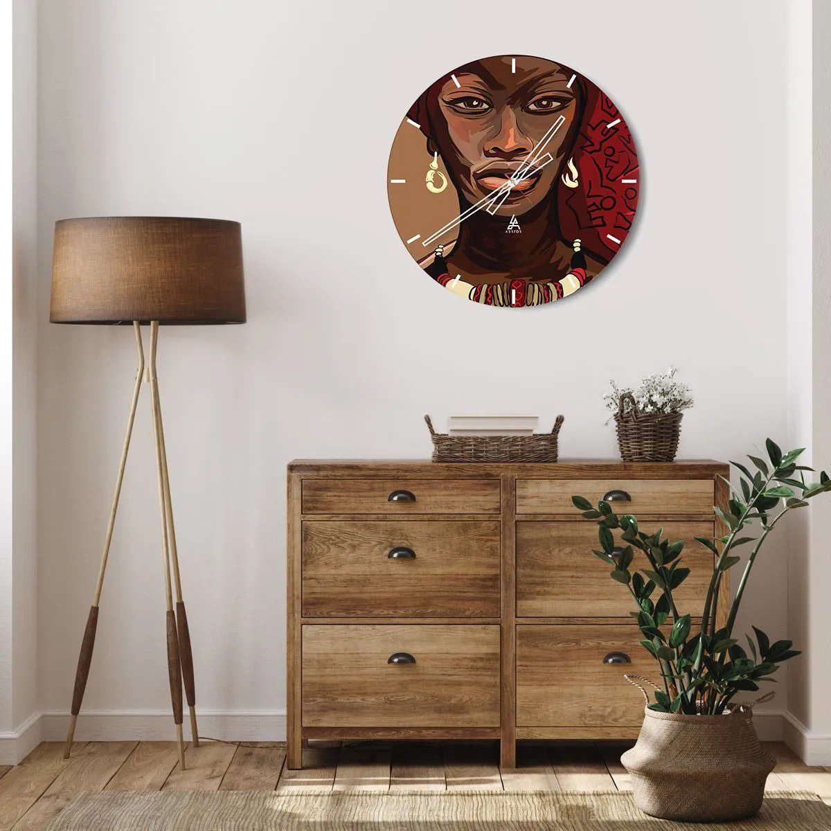 Relógio de parede - Relógio em vidro - Retrato de uma mulher em estilo africano com detalhes em vermelho - 30x30cm - Vénus de Ébano - Decoração de parede moderna para a sala de estar, cozinha e quarto ARTTOR