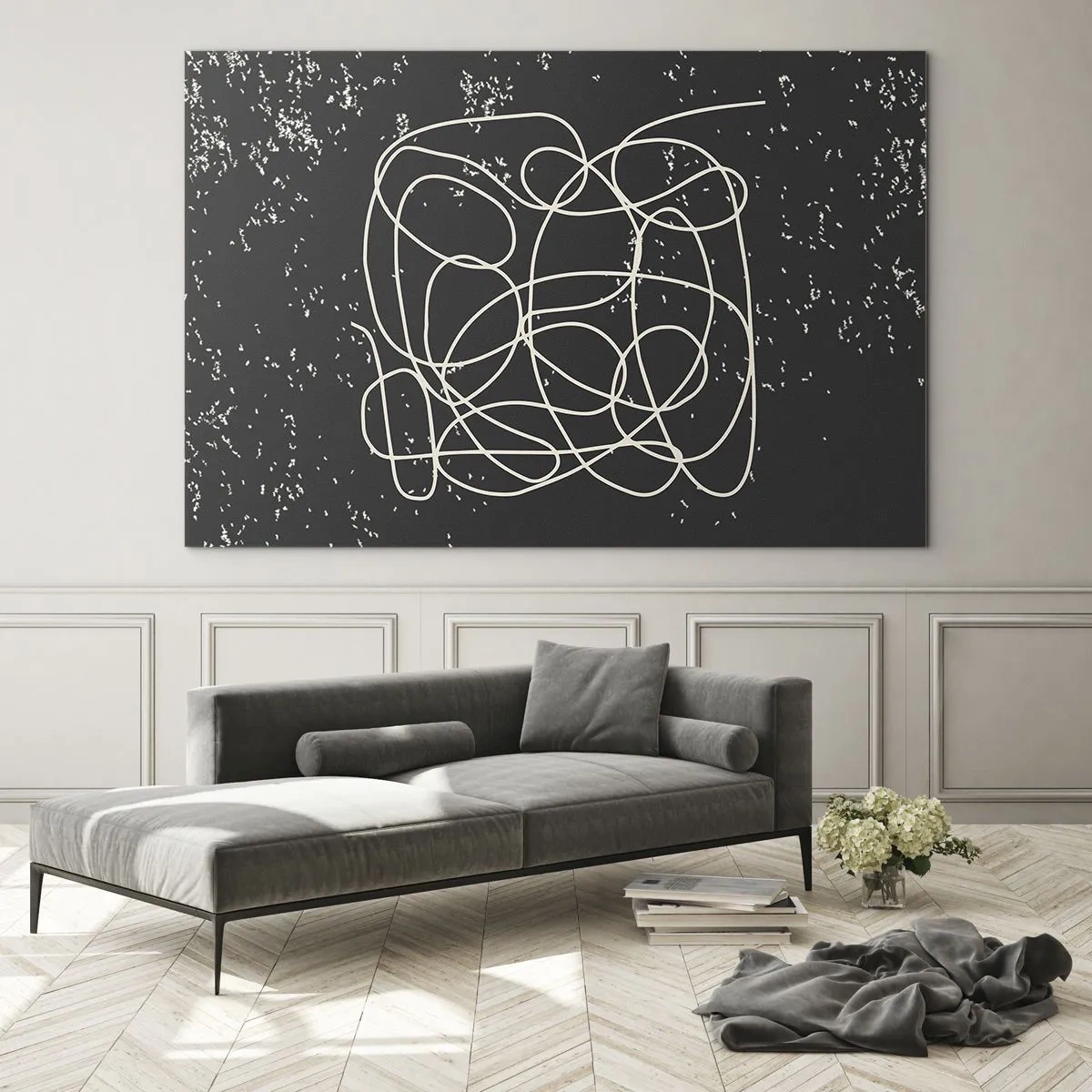 Quadro em vidro - Linha abstrata em forma de emaranhado em um fundo preto texturizado - 70x50cm - Pensamentos errantes - Decoração de parede moderna para a sala de estar e quarto ARTTOR