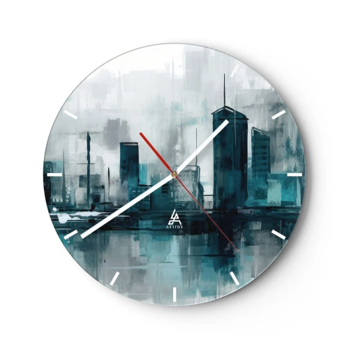 Relógio de parede - Relógio em vidro - Um panorama da cidade em estilo pictórico com tons frios - 30x30cm - Uma cidade da cor da chuva - Decoração de parede moderna para a sala de estar, cozinha e quarto ARTTOR