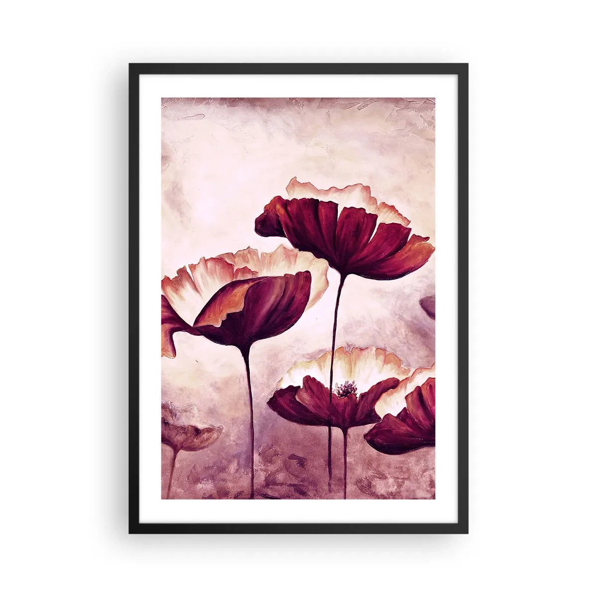 Pôster com moldura preta - Papoulas pitorescas contra um fundo pastel sutil - 50x70cm - Pétala vermelha e branca - Decoração de parede moderna para a sala de estar e quarto ARTTOR