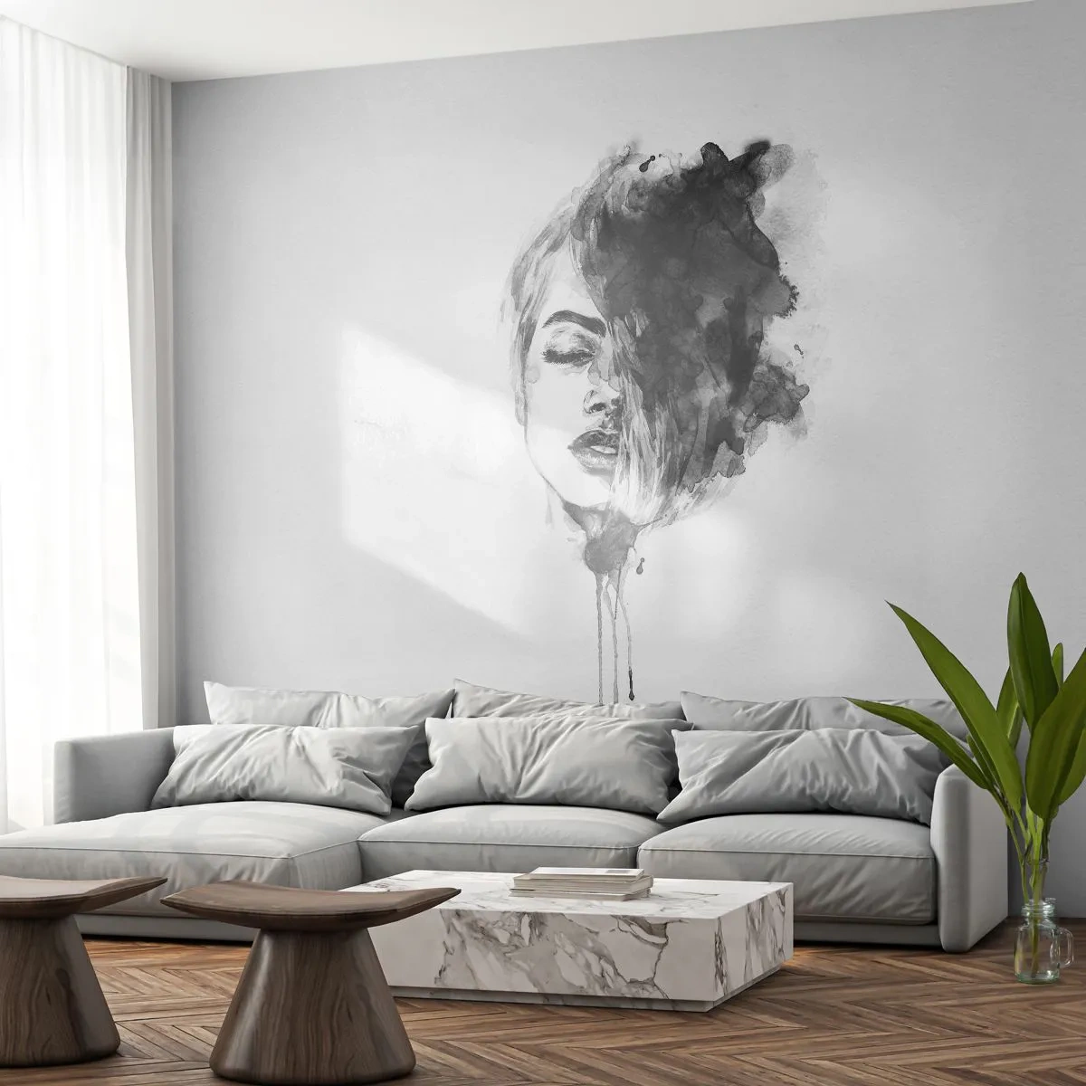 Papel de Parede Autocolante Deluxe Sticker - O que sonha uma rapariga - Retrato de uma mulher, Rosto de Mulher, Abstração - 250x175 cm