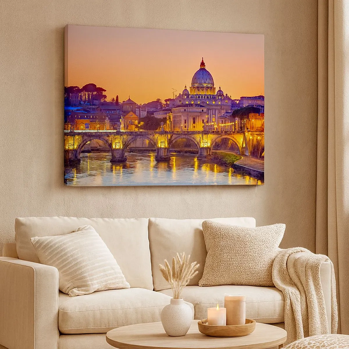 Quadro em tela - Panorama do Vaticano ao pôr do sol com uma ponte sobre o rio - 70x50cm - Crepúsculo sobre a Cidade Eterna - Decoração de parede moderna para a sala de estar e quarto ARTTOR