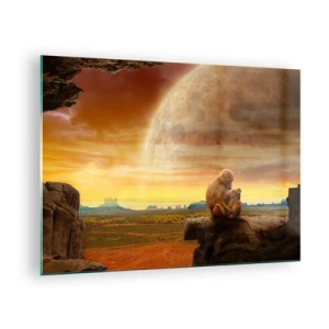 Quadro em vidro - Macacos sentados em uma rocha com uma lua enorme ao fundo - 70x50cm - O amor é o mesmo em todos os lugares - Decoração de parede moderna para a sala de estar e quarto ARTTOR