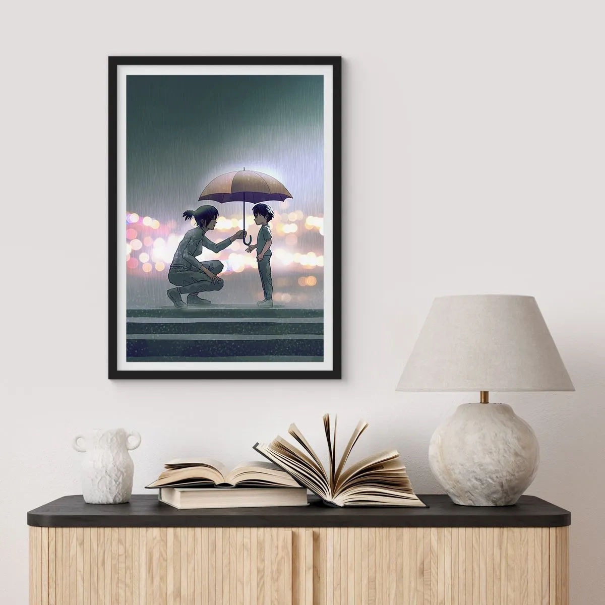 Pôster com moldura preta - Um adulto entregando um guarda-chuva a uma criança em um fundo chuvoso - 50x70cm - Está tudo bem agora - Decoração de parede moderna para a sala de estar e quarto ARTTOR