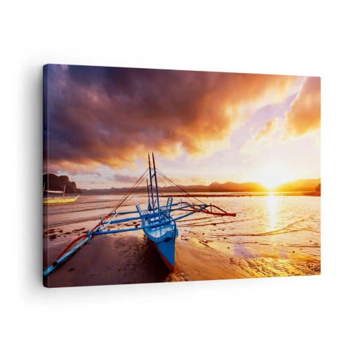 Quadro em tela - Barco azul na praia ao pôr do sol - 70x50cm - Esticar-se na areia após um longo dia - Decoração de parede moderna para a sala de estar e quarto ARTTOR