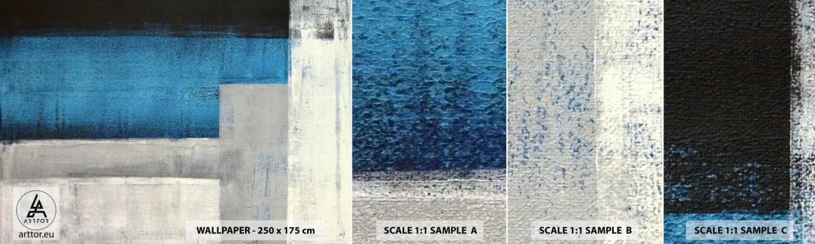 Amostra de Papel de Parede Standard Eco - Uma composição poética de cinza e azul - Abstração, Pedaço, Pintura - 100x30 cm