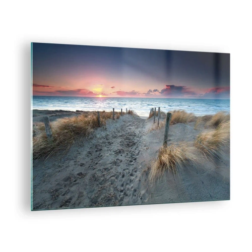 Quadro em vidro - Caminho pelas dunas que leva ao mar ao pôr do sol - 70x50cm - Derramou um arco-íris de esplendor radiante.... - Decoração de parede moderna para a sala de estar e quarto ARTTOR