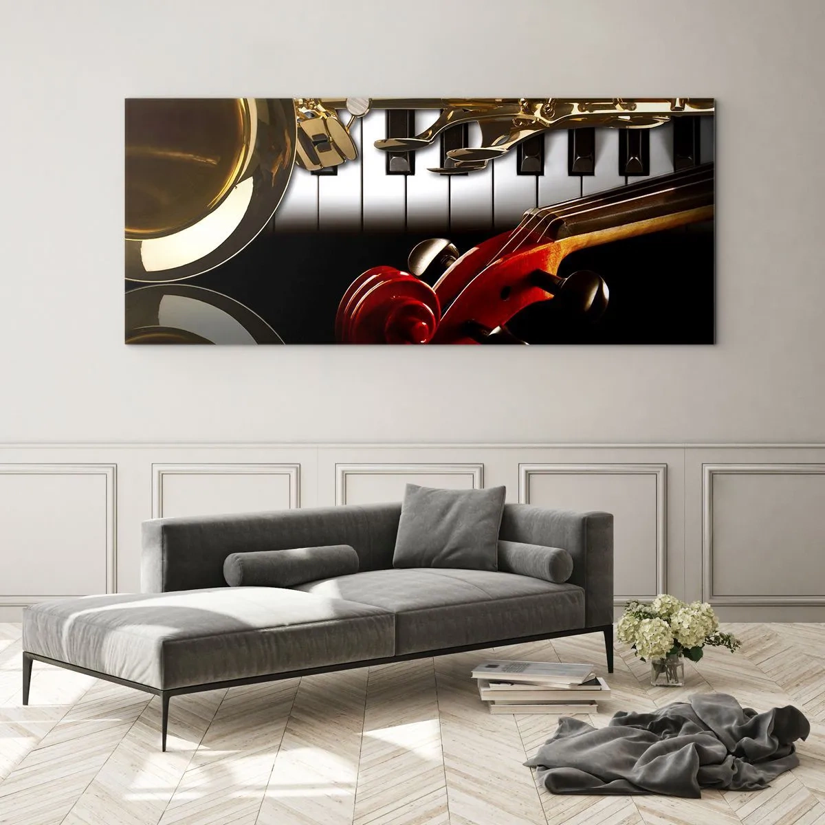 Quadro em vidro - Metal, madeira e marfim - 90x30 cm