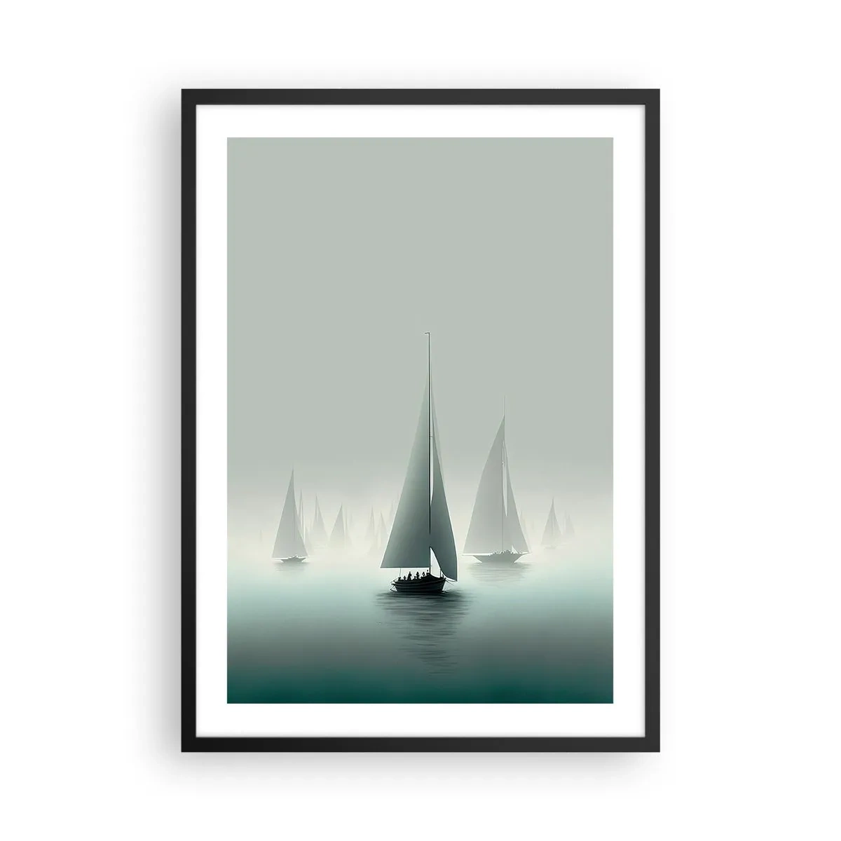 Pôster com moldura preta - Um grupo de veleiros navegando em um mar enevoado, cercado por águas calmas. - 50x70cm - Feito de neblina - Decoração de parede moderna para a sala de estar e quarto ARTTOR