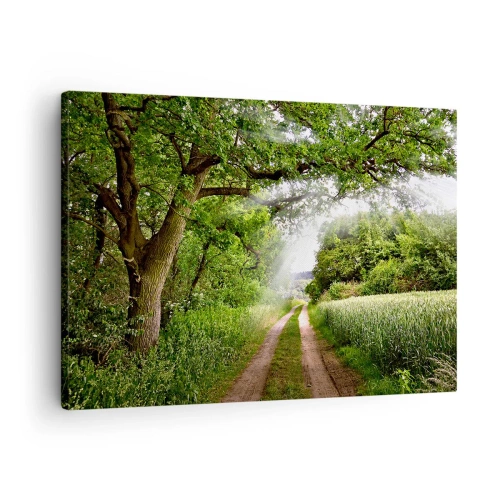 Quadro em tela - Uma estrada de terra entre árvores verdes e luz do sol - 70x50cm - Os pastores de Arcadia - Decoração de parede moderna para a sala de estar e quarto ARTTOR