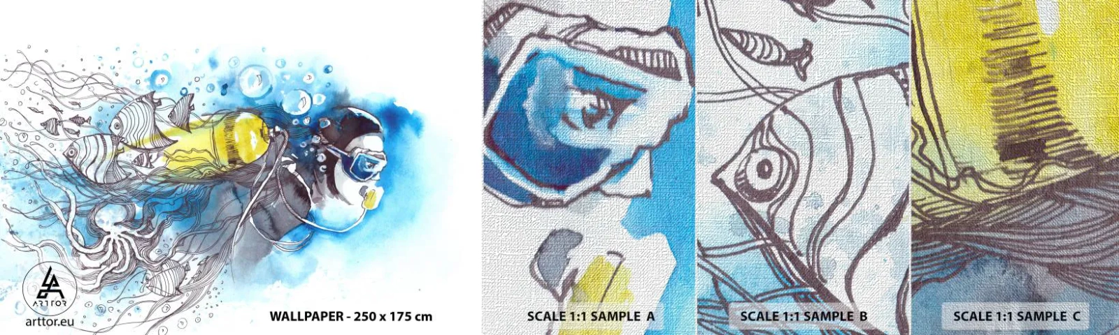 Amostra de papel de parede Premium Canvas - Azul Infinito - Mergulhando, Peixe, Esporte - 100x30 cm