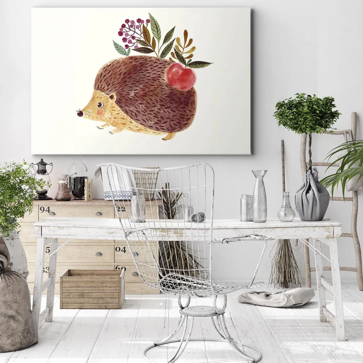 Quadro em tela - Um ouriço fofo com uma maçã e plantas em estilo ilustrativo - 70x50cm - Já gostas de mim - Decoração de parede moderna para a sala de estar e quarto ARTTOR