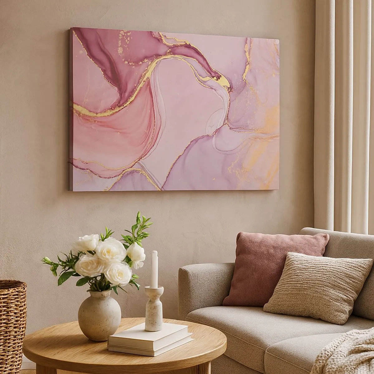 Quadro em tela - Padrões abstratos delicados em tons de rosa e dourado - 70x50cm - Carícia das cores - Decoração de parede moderna para a sala de estar e quarto ARTTOR