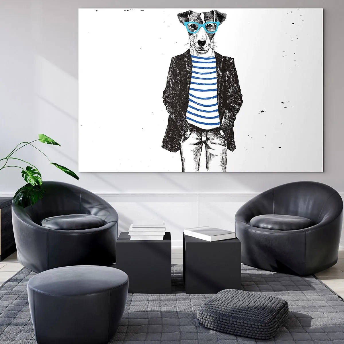 Quadro em vidro - Ilustração de um cachorro vestindo uma camisa de marinheiro e óculos em um fundo branco - 70x50cm - O charme do cão - Decoração de parede moderna para a sala de estar e quarto ARTTOR