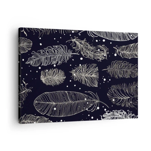 Quadro em tela - Penas brancas delicadas sobre fundo azul marinho - 70x50cm - Rendas de penas - Decoração de parede moderna para a sala de estar e quarto ARTTOR