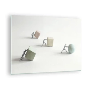 Quadro em vidro - Figuras em miniatura rolam e empurram formas geométricas. - 70x50cm - É a vida - Decoração de parede moderna para a sala de estar e quarto ARTTOR