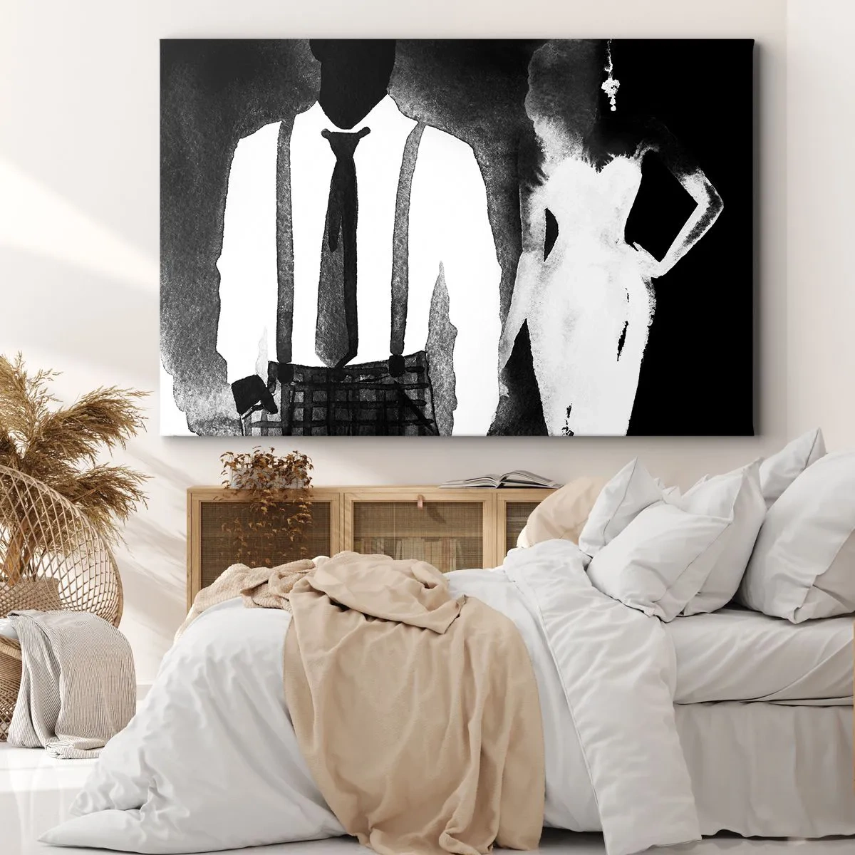 Quadro em tela - Personagens no estilo noir, elegância em preto e branco e mistério - 70x50cm - Num clima noir - Decoração de parede moderna para a sala de estar e quarto ARTTOR
