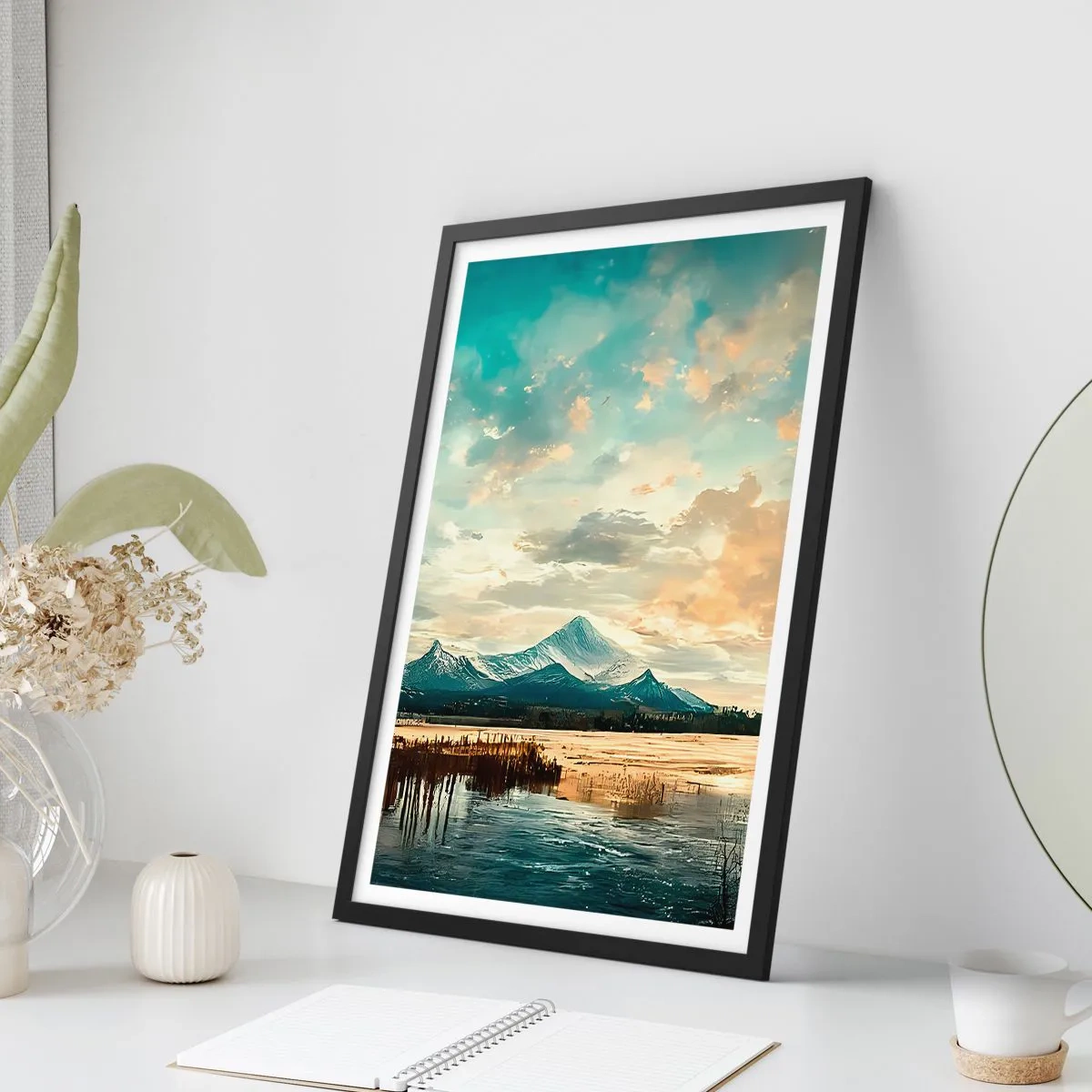 Pôster com moldura preta - Paisagem pitoresca de montanha ao pôr do sol - 50x70cm - Sob a proteção do céu - Decoração de parede moderna para a sala de estar e quarto ARTTOR