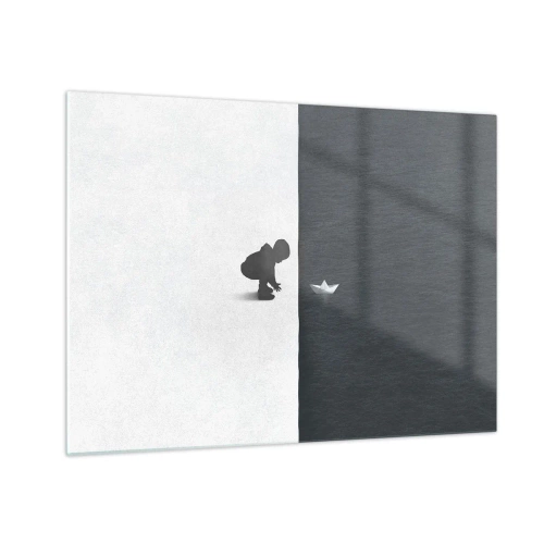 Quadro em vidro - Silhueta de uma criança lançando um barquinho de papel na água - 70x50cm - Grande expedição - Decoração de parede moderna para a sala de estar e quarto ARTTOR