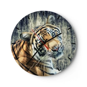 Relógio de parede - Relógio em vidro - Retrato de um tigre contra uma parede de pedra - 30x30cm - Retrato em feixes de luz - Decoração de parede moderna para a sala de estar, cozinha e quarto ARTTOR
