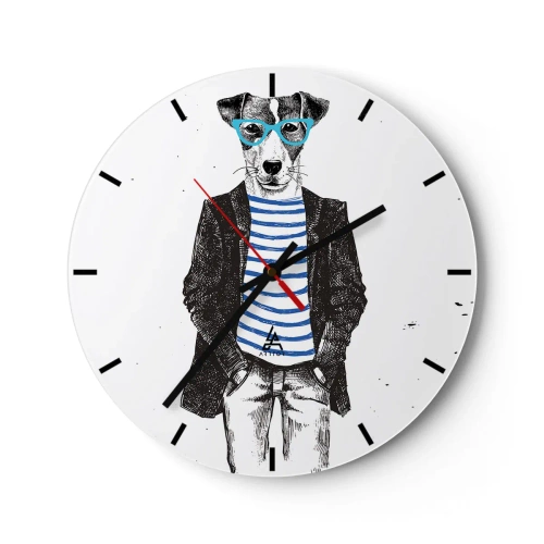 Relógio de parede - Relógio em vidro - Um cachorro com óculos e uma camisa de marinheiro - 30x30cm - O charme do cão - Decoração de parede moderna para a sala de estar, cozinha e quarto ARTTOR