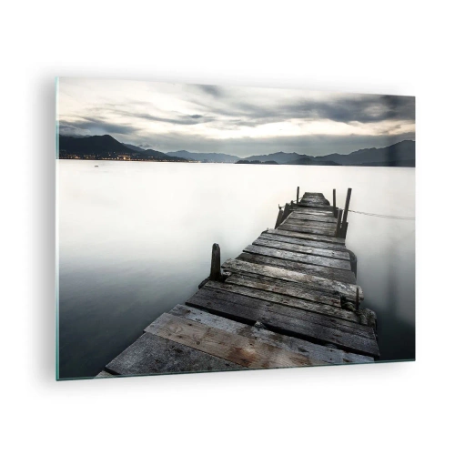Quadro em vidro - Um cais de madeira com o cenário de um lago calmo ao entardecer - 70x50cm - Mergulhar em paz - Decoração de parede moderna para a sala de estar e quarto ARTTOR