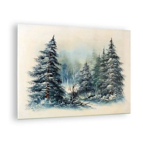 Quadro em vidro - Floresta de inverno com árvores cobertas de neve contra o céu - 70x50cm - Prontas para o Natal - Decoração de parede moderna para a sala de estar e quarto ARTTOR
