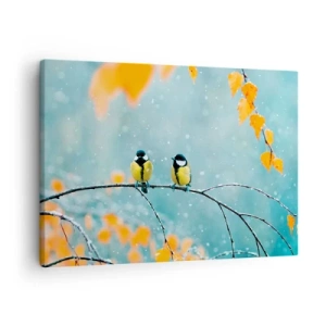 Quadro em tela - Dois pássaros em um galho em um cenário de inverno com folhas amarelas. - 70x50cm - Fofoca de pássaros - Decoração de parede moderna para a sala de estar e quarto ARTTOR