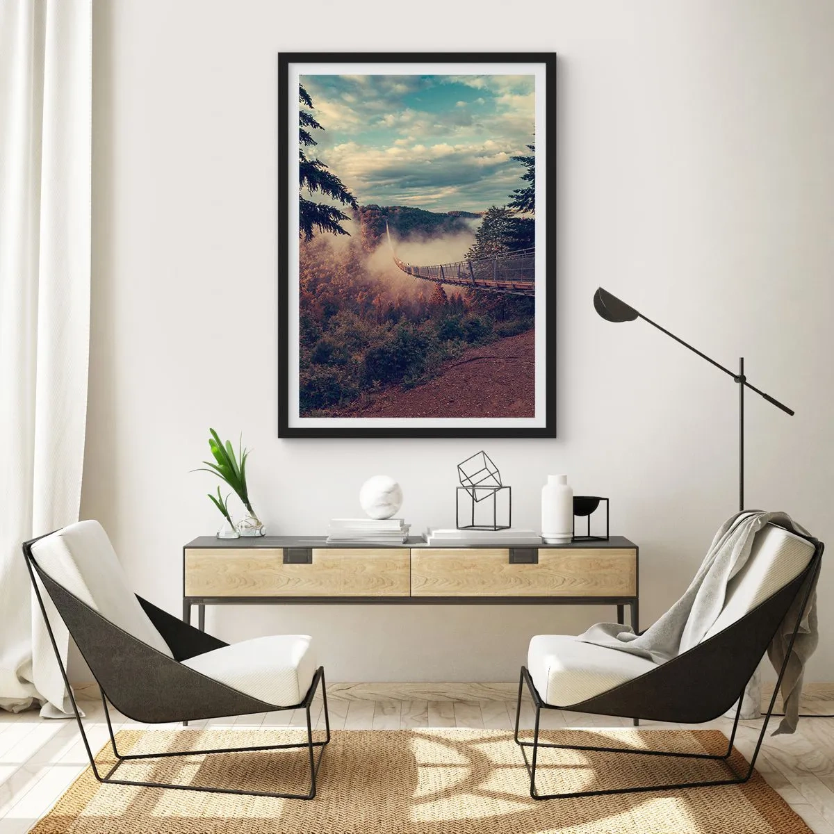 Pôster com moldura preta - Uma ponte suspensa entre montanhas enevoadas ao pôr do sol - 50x70cm - Na floresta de outono - Decoração de parede moderna para a sala de estar e quarto ARTTOR