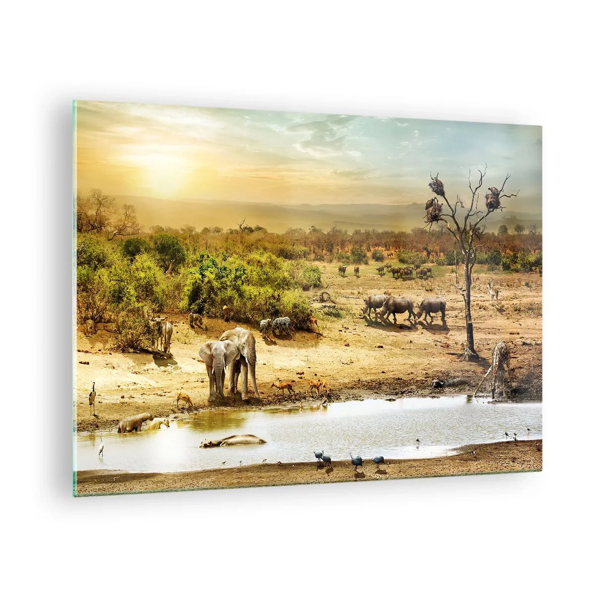 Quadro em vidro - Elefantes e animais em um bebedouro com uma paisagem africana como pano de fundo - 70x50cm - Um rio corria no Éden... - Decoração de parede moderna para a sala de estar e quarto ARTTOR