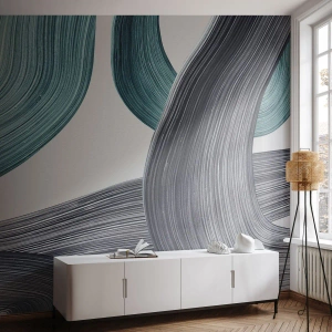 Papel de Parede Premium Canvas - Trilhas esmeralda e preta - Pintar, Escovar, Minimalismo - 200x140 cm