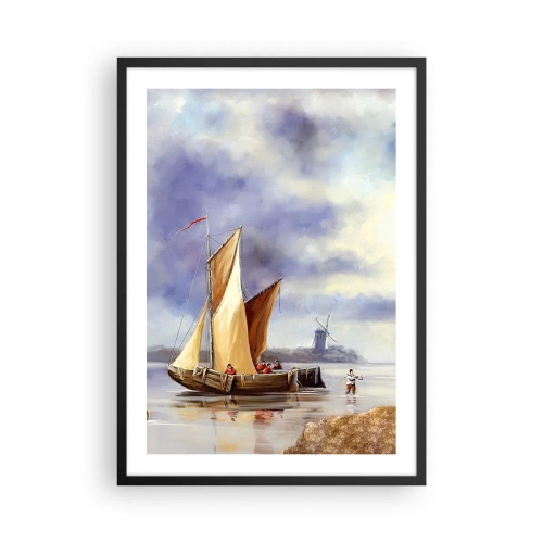 Pôster com moldura preta - Um veleiro na costa com um moinho de vento ao fundo - 50x70cm - O regresso dos marinheiros - Decoração de parede moderna para a sala de estar e quarto ARTTOR