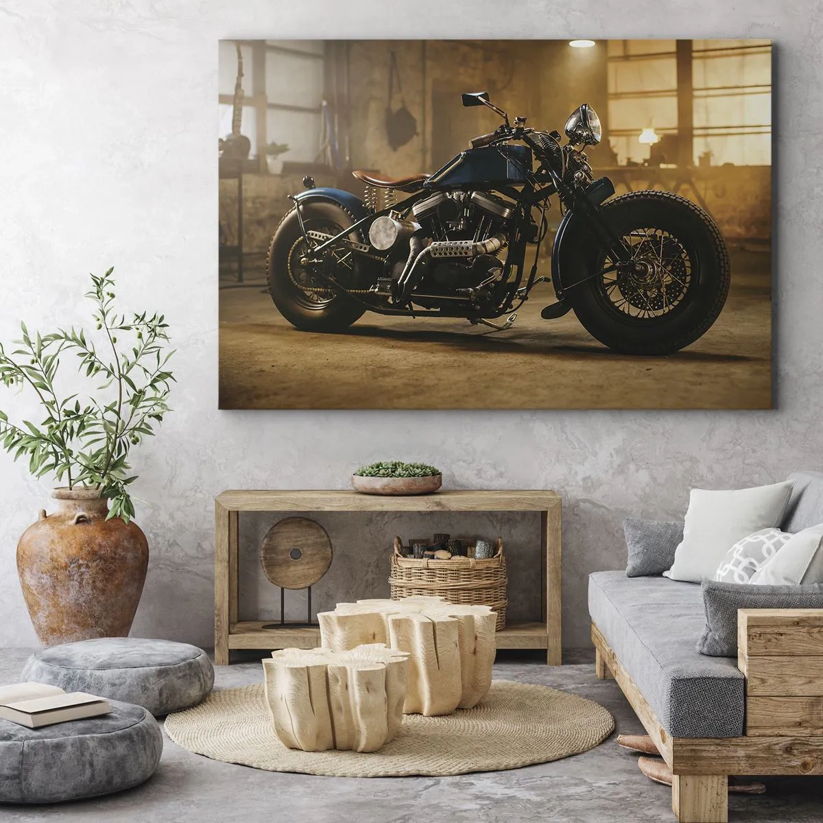 Quadro em tela - Uma motocicleta estilosa em um interior industrial com iluminação aconchegante - 70x50cm - Tudo posso - Decoração de parede moderna para a sala de estar e quarto ARTTOR