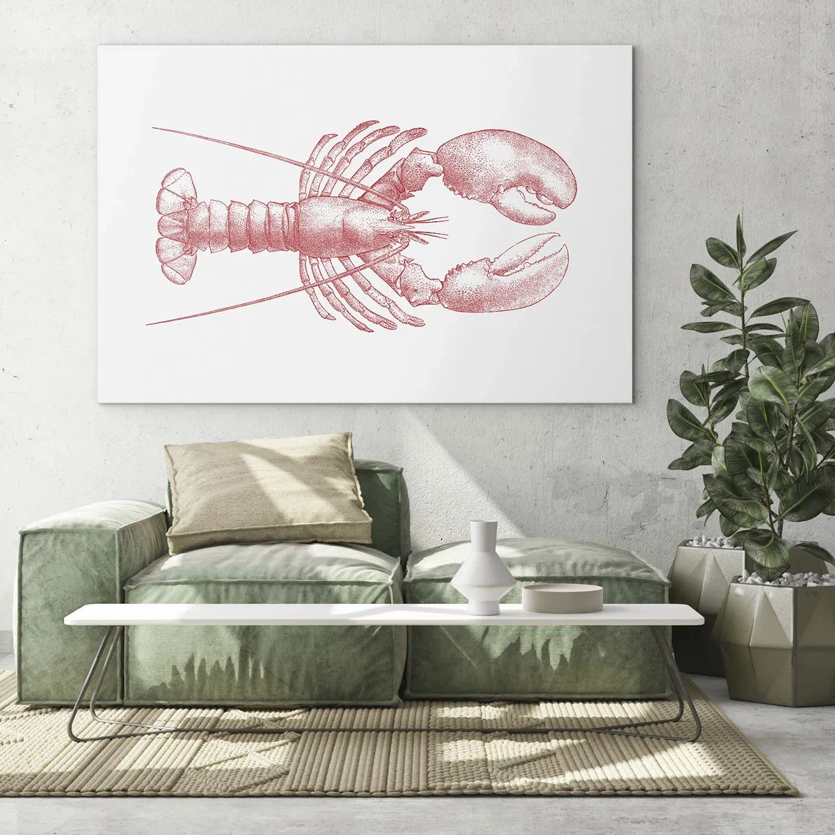 Quadro em vidro - Desenho de uma lagosta em vermelho sobre fundo claro - 70x50cm - Uma lagosta digna de Homero - Decoração de parede moderna para a sala de estar e quarto ARTTOR