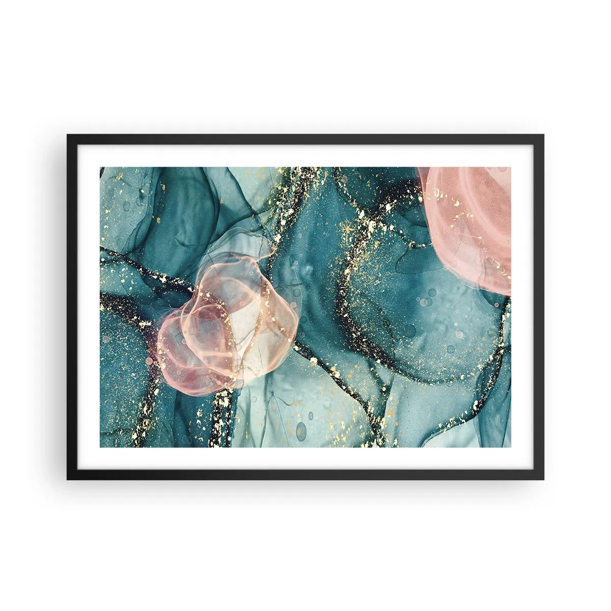Pôster com moldura preta - Azul seda, rosa tule - 70x50 cm