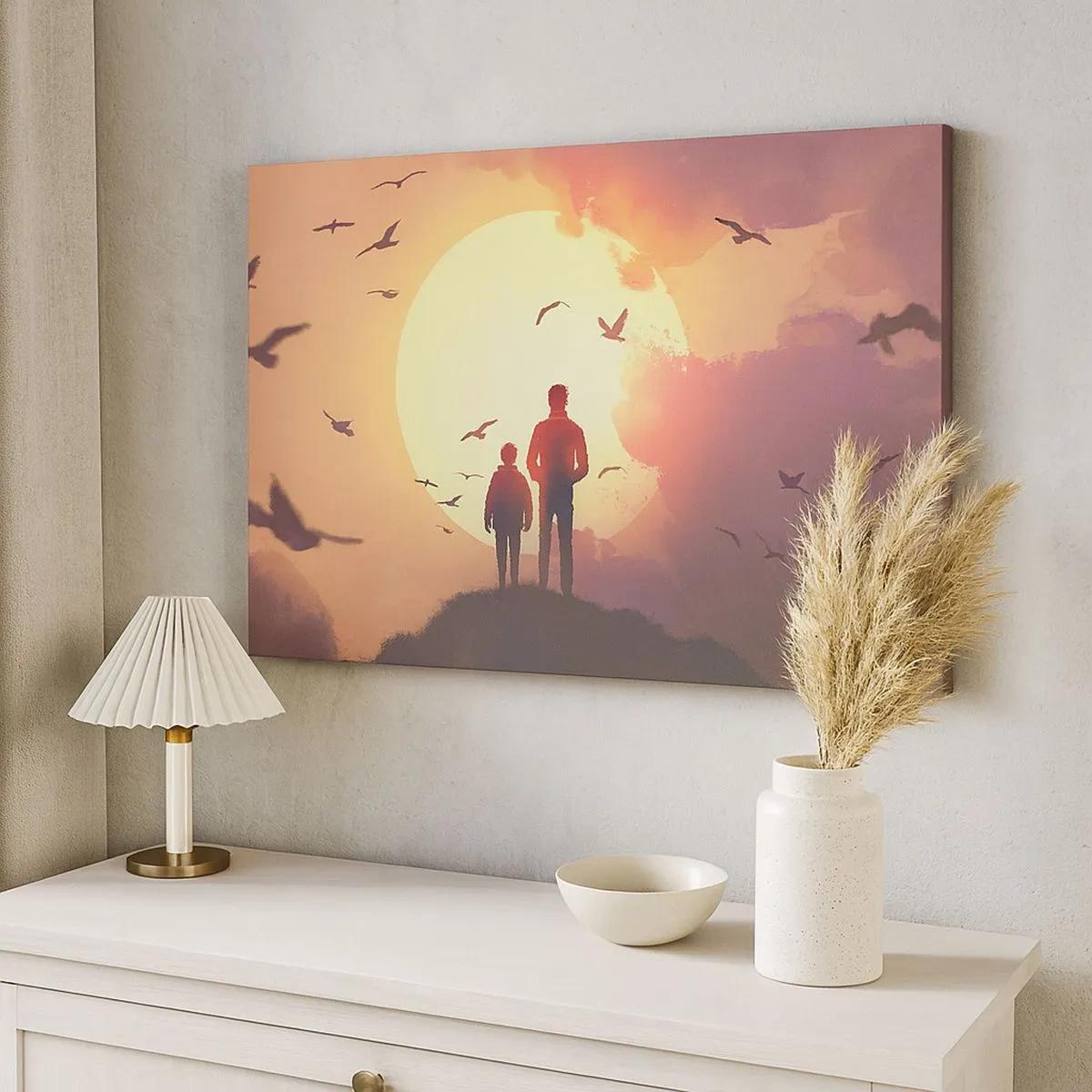 Quadro em tela - Figuras contra o pano de fundo do pôr do sol - 70x50cm - Cara a cara com o sol - Decoração de parede moderna para a sala de estar e quarto ARTTOR