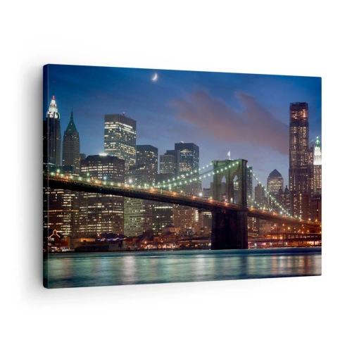 Quadro em tela - Ponte da cidade de Nova York à noite com edifícios iluminados - 70x50cm - Noite brilhante - Decoração de parede moderna para a sala de estar e quarto ARTTOR