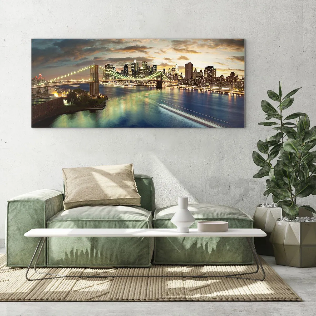Quadro em vidro - Uma noite bem iluminada em Manhattan - 90x30 cm