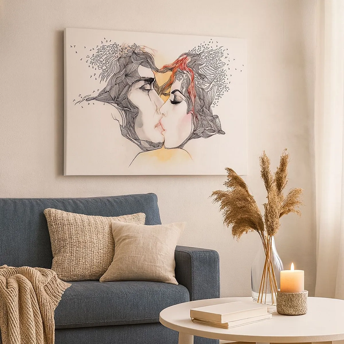 Quadro em tela - Retrato artístico de um casal com motivos abstratos de cabelo - 70x50cm - O mundo não existe - Decoração de parede moderna para a sala de estar e quarto ARTTOR
