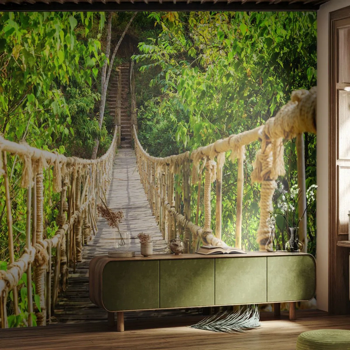 Papel de Parede Premium Sand - Suspenso na vegetação - Selva, Ponte de corda, Natureza - 100x70 cm