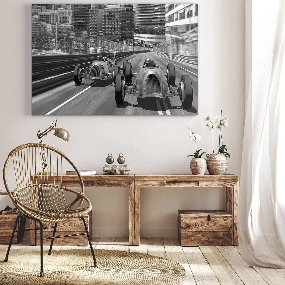 Quadro em tela - Cena de corrida de carros retrô monocromática - 70x50cm - Era uma vez em Monte Carlo - Decoração de parede moderna para a sala de estar e quarto ARTTOR