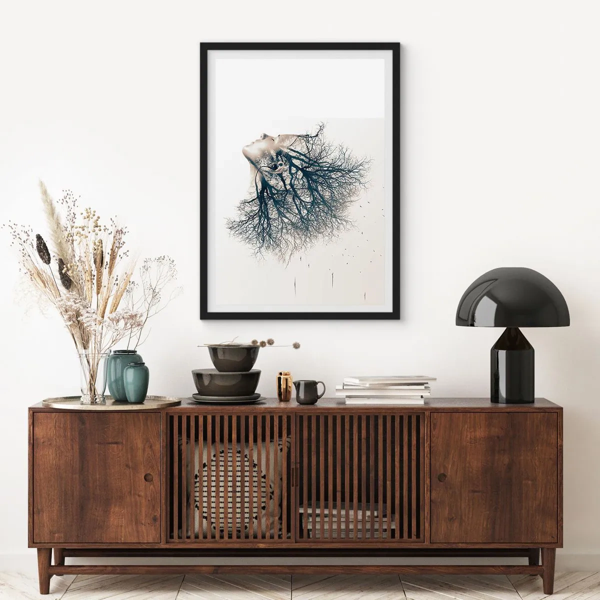 Pôster com moldura preta - Um rosto de mulher com galhos formando cabelos em um estilo surreal. - 50x70cm - Ouvir o sussurro da árvore - Decoração de parede moderna para a sala de estar e quarto ARTTOR