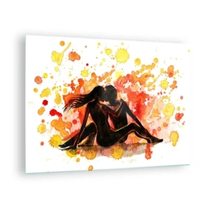 Quadro em vidro - Silhueta de um casal contra um fundo de manchas coloridas de aquarela - 70x50cm - E fez-se a luz - Decoração de parede moderna para a sala de estar e quarto ARTTOR