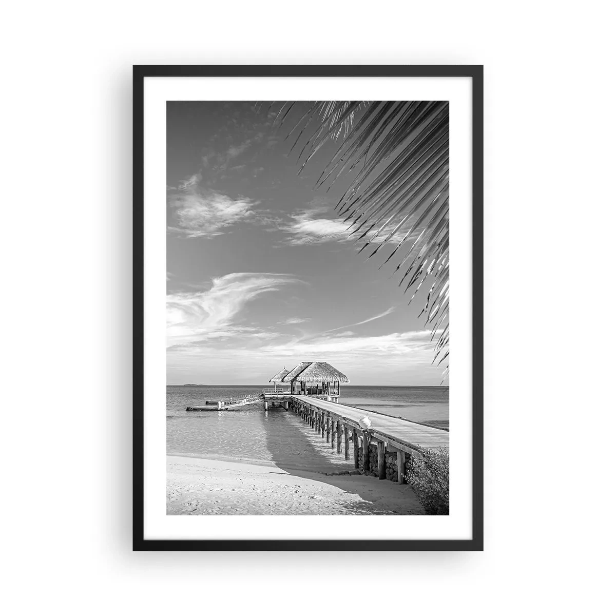 Pôster com moldura preta - Paisagem em preto e branco com um píer sobre um mar calmo - 50x70cm - Memória ou sonho? - Decoração de parede moderna para a sala de estar e quarto ARTTOR