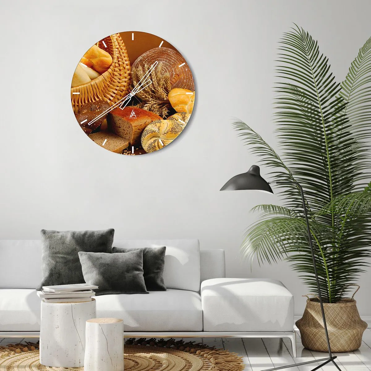 Relógio de parede - Relógio em vidro - Uma composição de pão e cereais em uma cesta rústica - 30x30cm - Safamo-nos novamente - Decoração de parede moderna para a sala de estar, cozinha e quarto ARTTOR