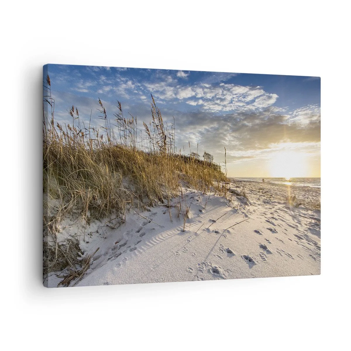 Quadro em tela - Dunas com grama e pegadas na areia ao pôr do sol - 70x50cm - Um convite para um passeio - Decoração de parede moderna para a sala de estar e quarto ARTTOR