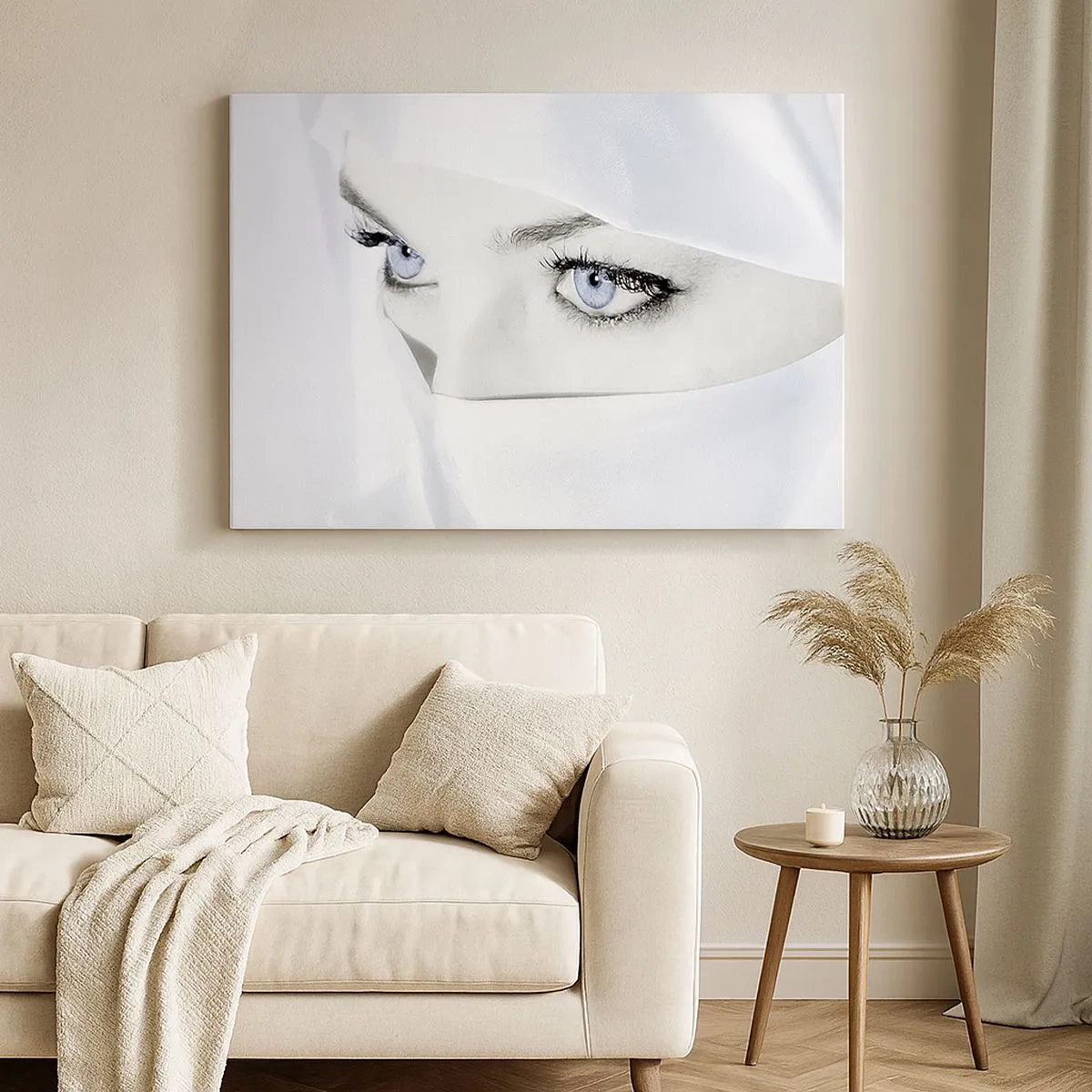 Quadro em tela - Retrato de uma mulher com olhos azuis escondida atrás de um véu branco - 70x50cm - Direto das mil e uma noites - Decoração de parede moderna para a sala de estar e quarto ARTTOR